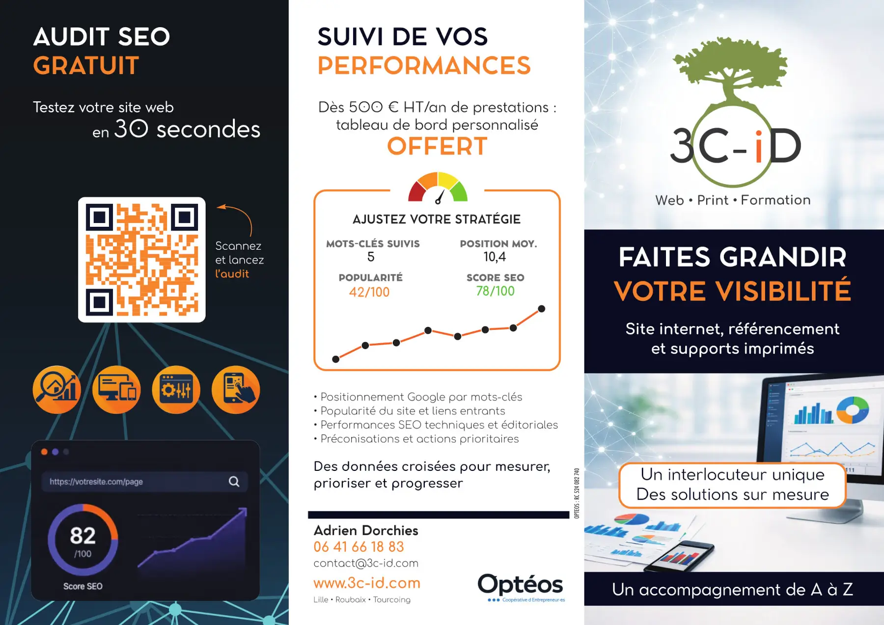 Dépliant 3C-ID présentant l’audit SEO gratuit, le suivi des performances et la couverture